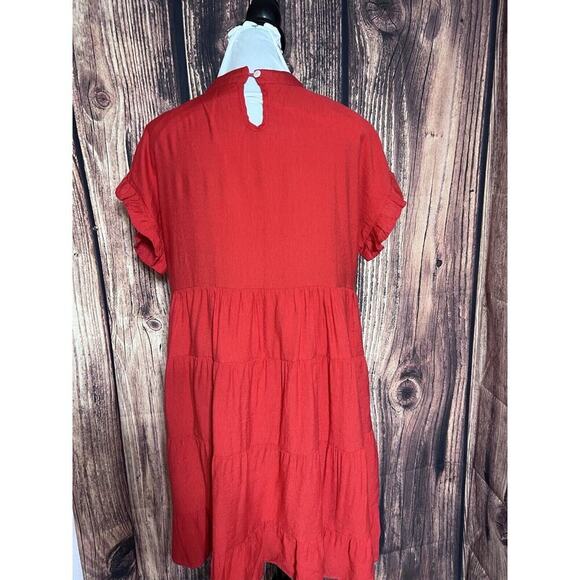 MIHOLL Women Sz L Red Burgandy Summer Casual Ruffle Loose Tiered Babydoll Dress - Picture 4 of 9
